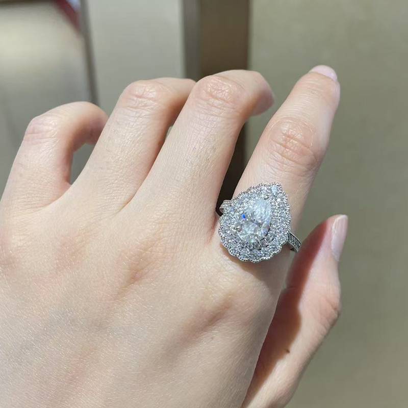 Luxury Pear shaped Double layered Round Bag Women's Ring S925 Silver Plated Platinum Customized Selection Main Stone Moissanite Diamond 3.0ct/Secondary Stone High Carbon Diamond